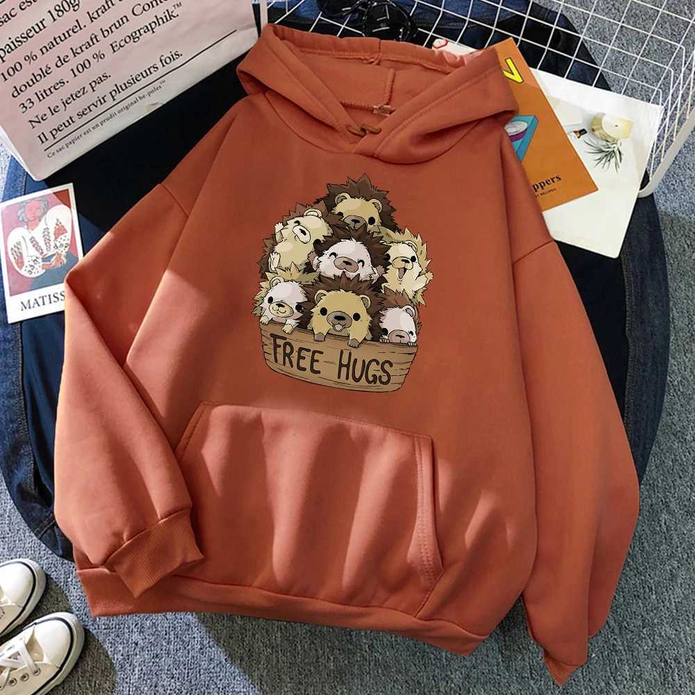 Little Hedgehog Free Hugs Sweatshirts Cartoon Print Pullovers Essentials Mens Oversized Hoodies Fleece Tracksuit Clothing Male W250530