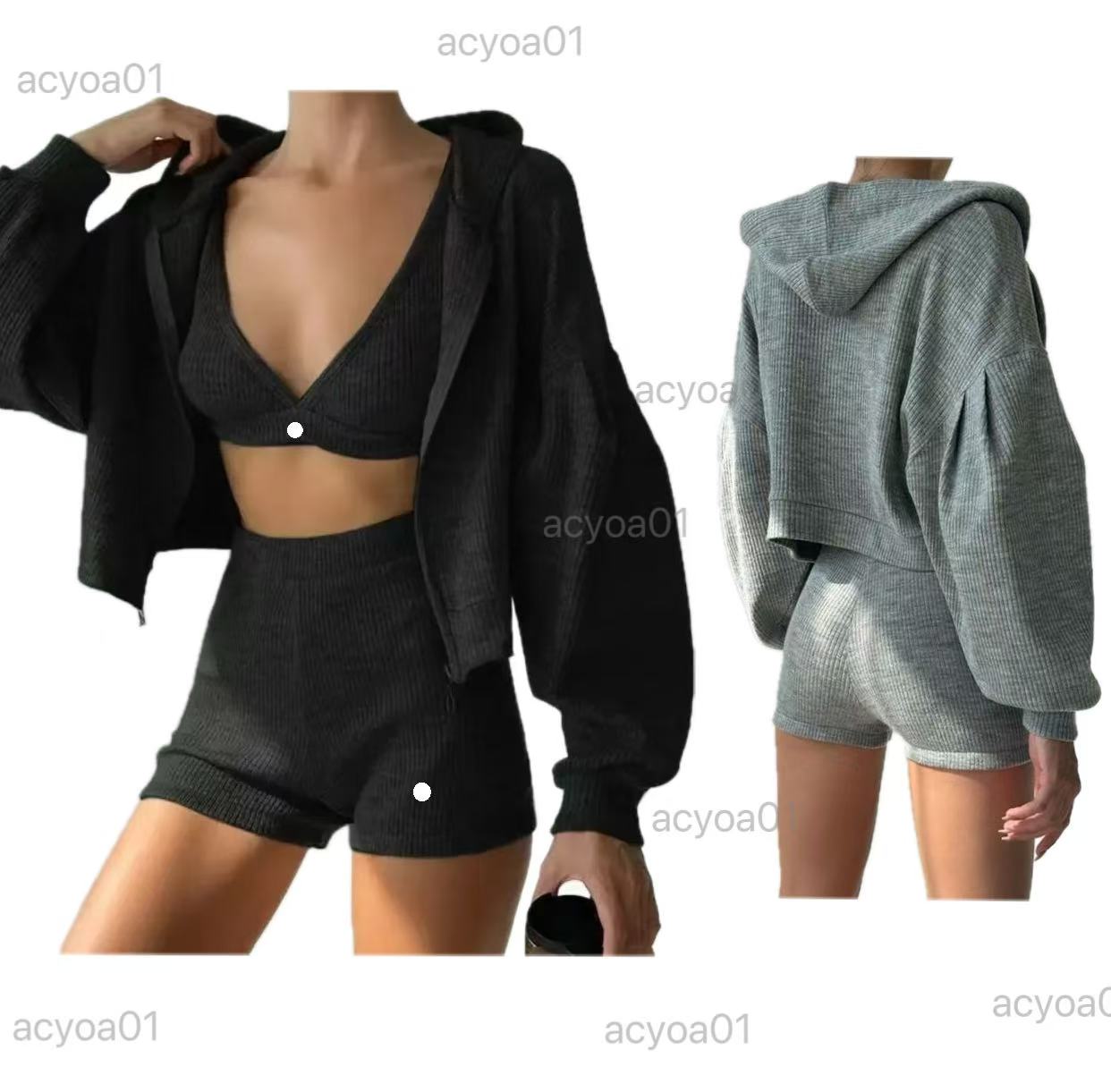 Gym Yoga Sweatshirt Top Sweatshorts Hoodie Three Pcs Set Women Sport Suit Knitted Zipper Hooded Cardigan Sweatshirt V-neck Triangular Cup Chest H