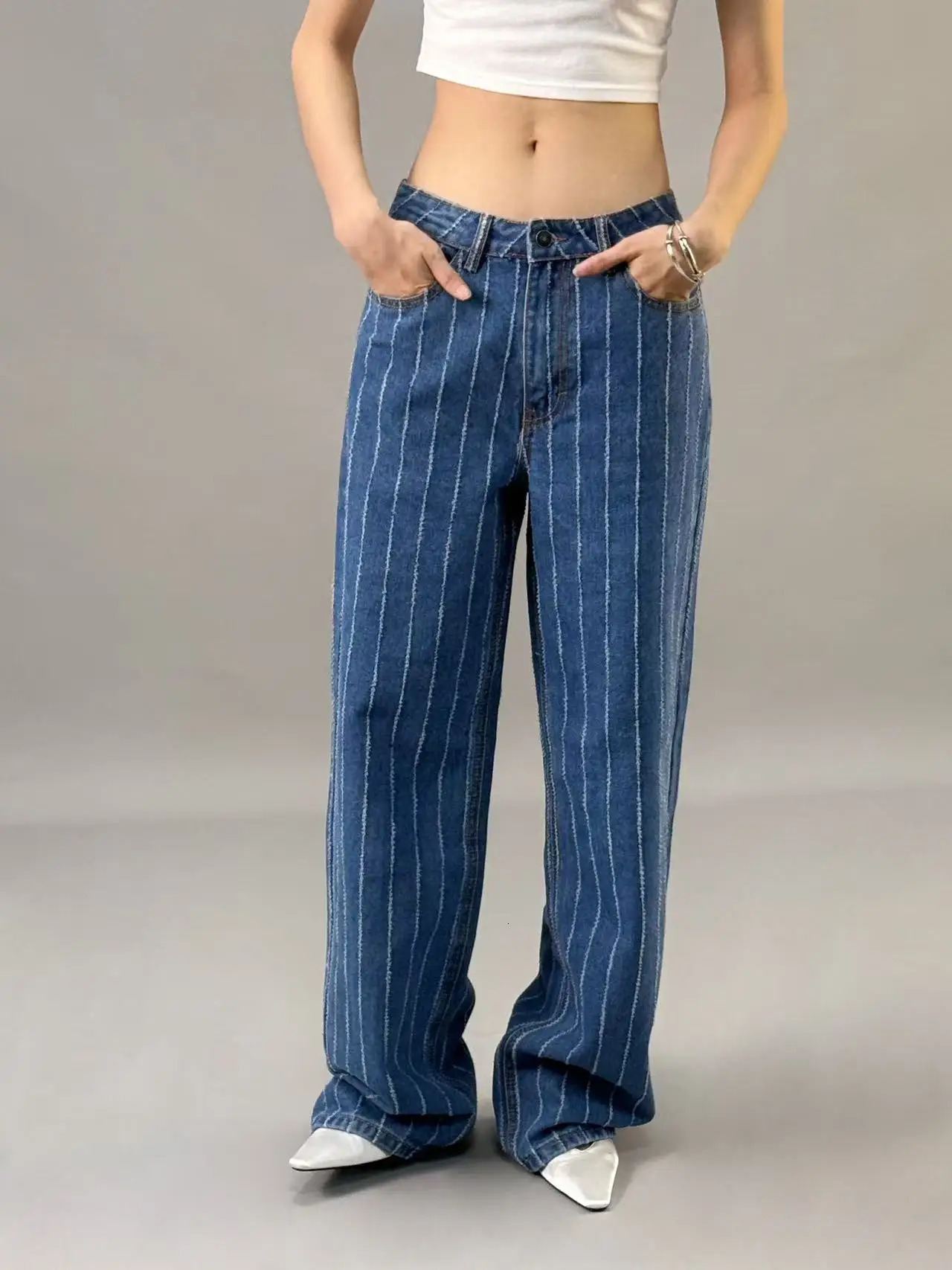 Wornout jacquard jeans for women Spring Summer style High waisted wide leg loose fit slimming effect 250530
