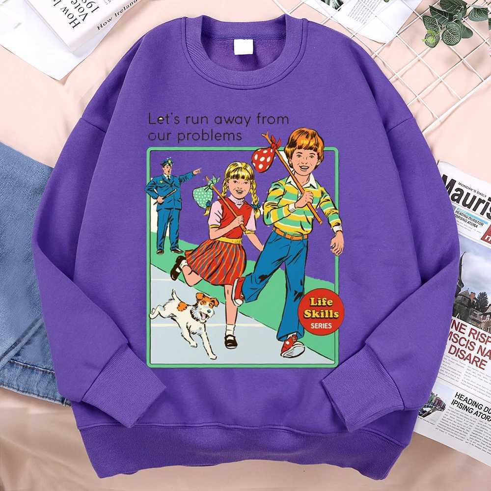 LetS Run Away From Our Problems Comics Print Hoodie Men Women Clothes Fashion Comfortable Soft Hoody Japan Harajuku Sweatshirts W250530