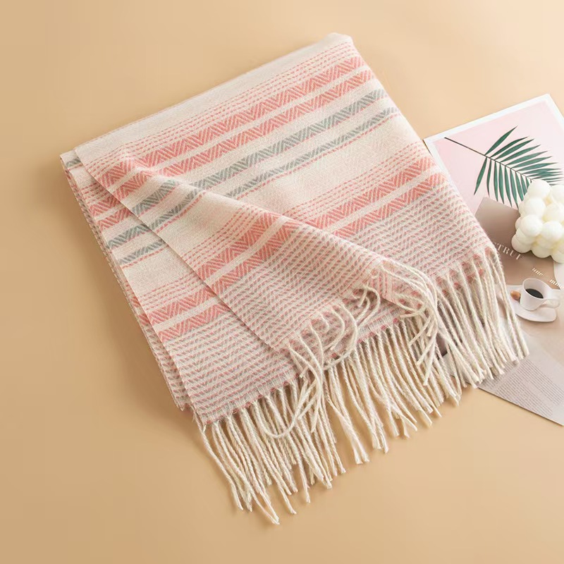 T841 Japanese and Korean color striped cashmere tassel scarf female high-grade contrast color versatile thick warm neck scarf