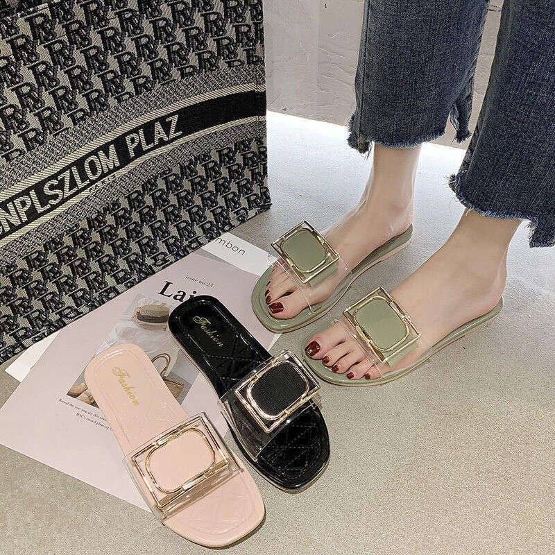 New Women's Square Buckle Summer Outdoor Fashionable And Versatile Transparent Jelly Color Casual Student Slippers Designer Sandals Free Shipping