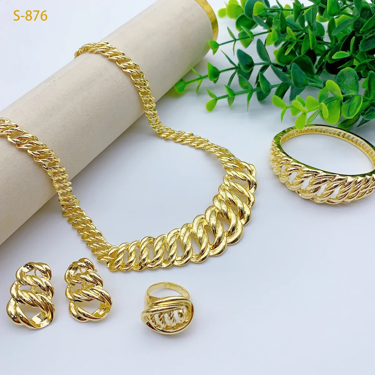 Indian Bridal Chain Necklace And Earrings Sets For Women Dubai Ethiopian 18k Gold Color Jewelry Set Wedding250519