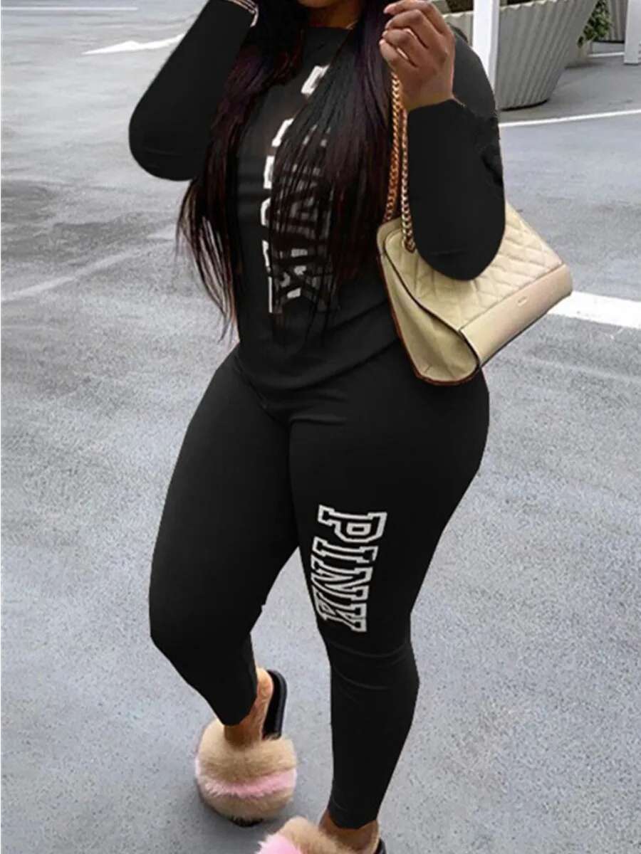Fashion Women Autumn Winter Pink Letter Print Long Sleeve Hoodies 2 Pieces Casual Track Suits Pants Set