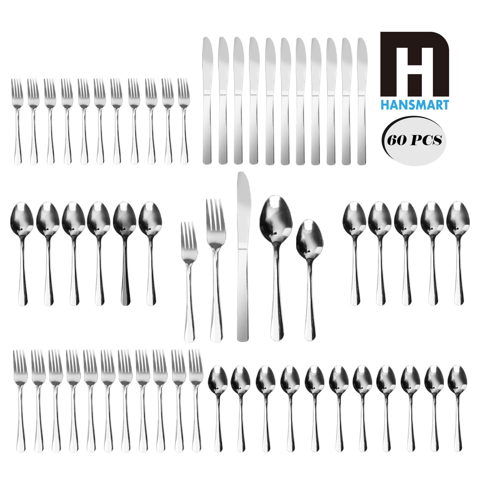 Wholesale 60pcs Stainless Steel Flatware Set Service for 12, Lightweight & Stackable, for Hotel/Restaurant/Wedding/Camping/Daily, Dishwasher Safe