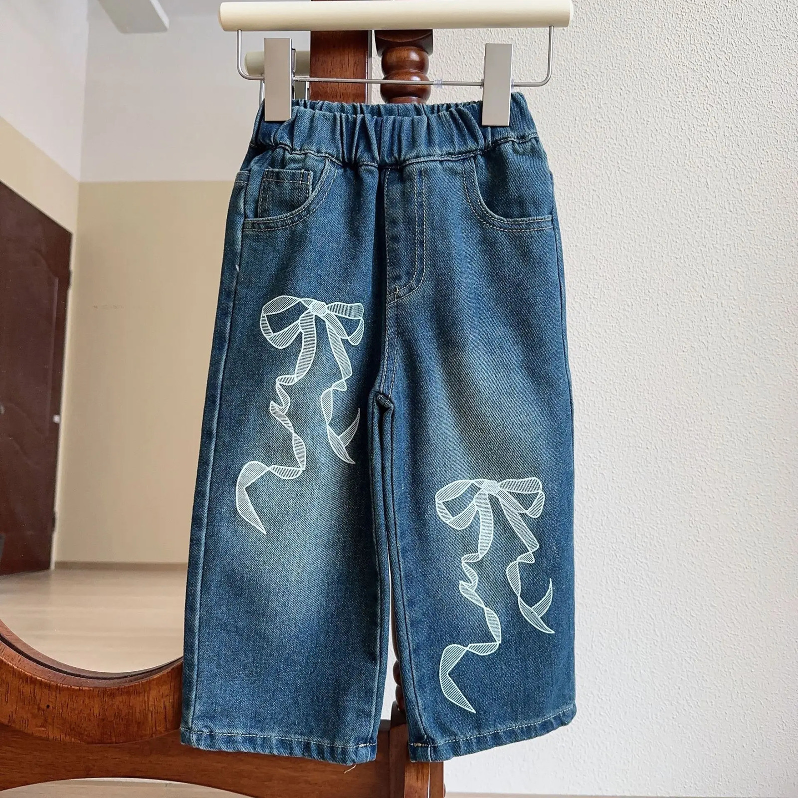 Kids Jeans Bow-printed Baggy Wide-leg Pants Jeans for Girls Boys Pants Girls Trousers Clothes for 2 To 7 Years 250527