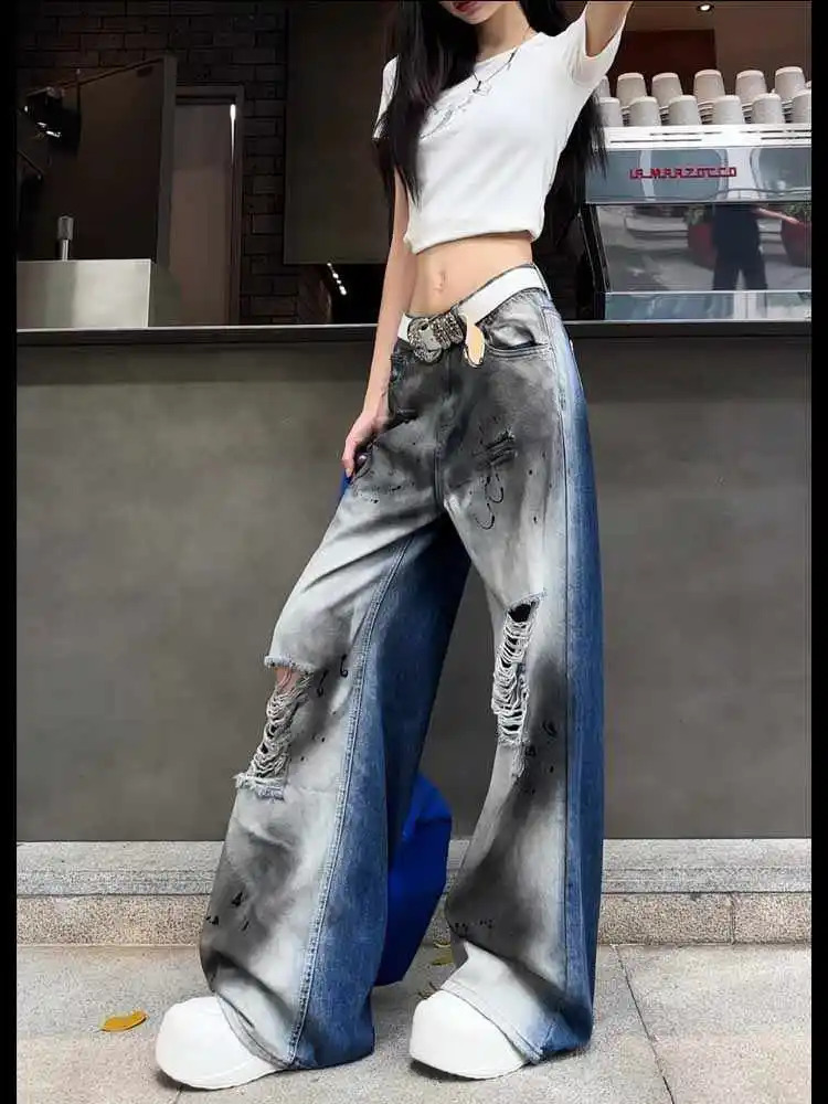 Blue Jeans Women American Style 90s Vintage High Waisted Straight Trouser Streetwear Casual Loose Wide Leg Denim Pants 250530