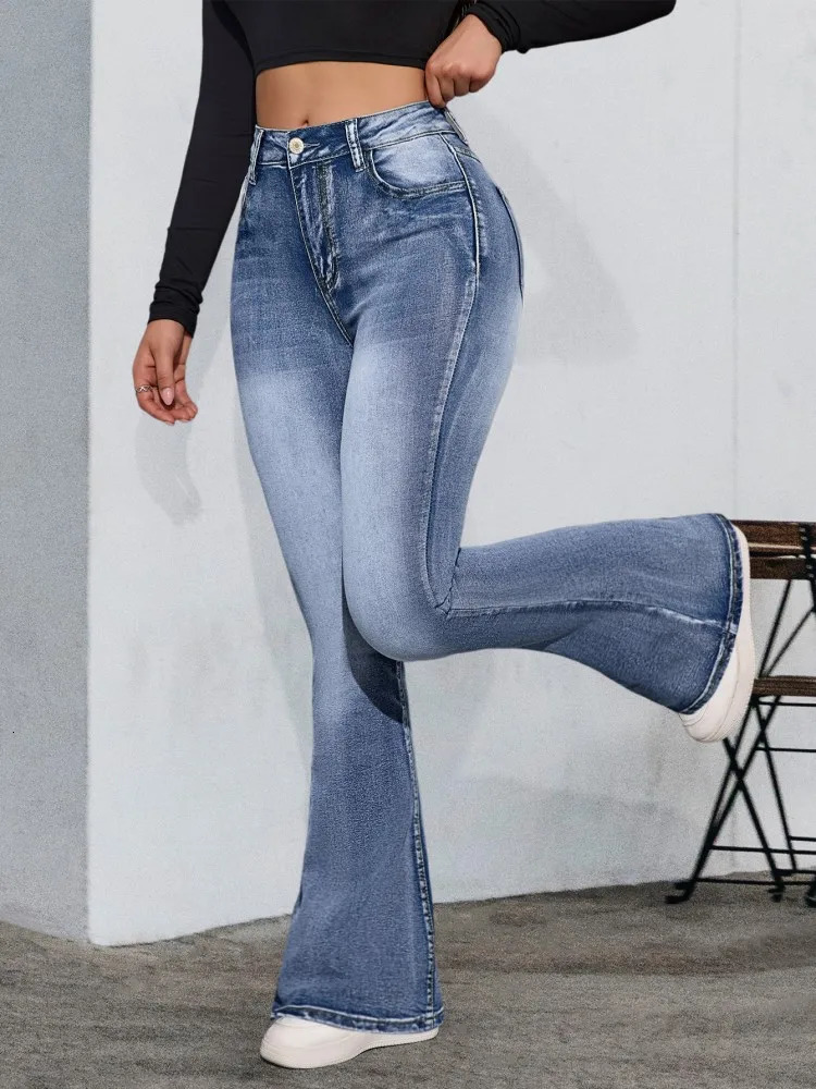 Blue fashionable elastic flared jeans 250530