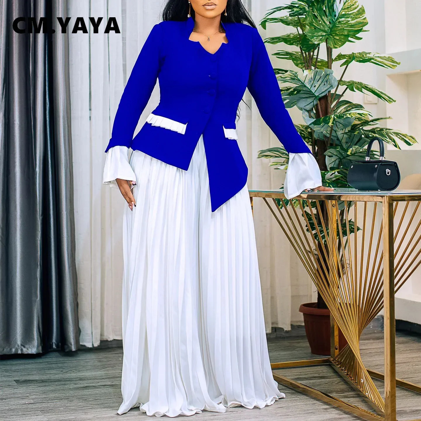 CMYAYA Womens Set Full Flare Sleeve Button Blazer Shirt Pleated Long Pants Suit Streetwear Two 2 Piece Africa OL Outfits 250530
