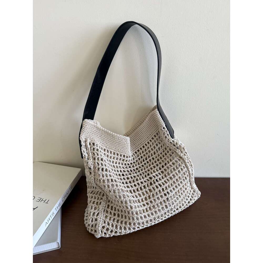 Tote Bag Leather Bag New Cotton Yarn Crochet Knitted Genuine Leather Simple Large Capacity Shoulder Handbag Beach Vacation Hollow Out Bag Shoulder Bag