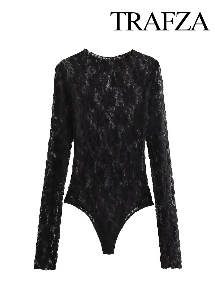 TRAFZA Summer Lace Jumpsuits For Women Fashion Long Sleeves Hollow Out Slim Onesies Female Chic Wild Womens Bodysuits 250530