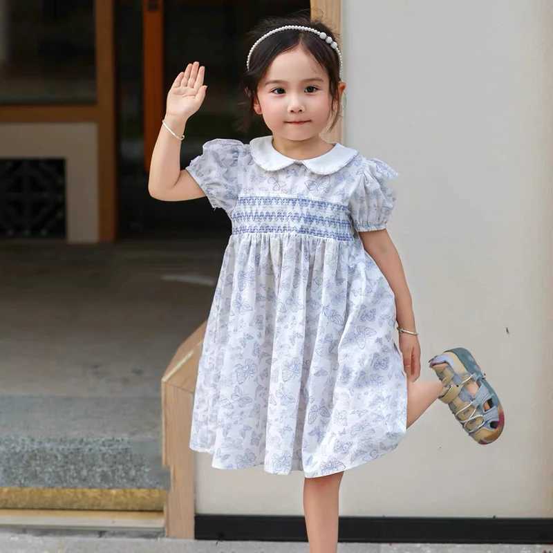 Baby Girls Princess Dresses New Summer Clothes Cotton Puff Sleeve Blue Butterfly Print Toddlers Vacation Kids Cotton Cute Dress R250530