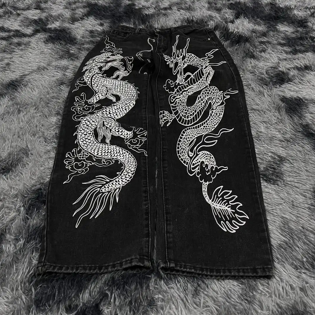 Trendy American Dragon Print Loose Jeans Women Hiphop Harajuku High Waist Wideleg Fashion Joker Retro Black Trousers 250530
