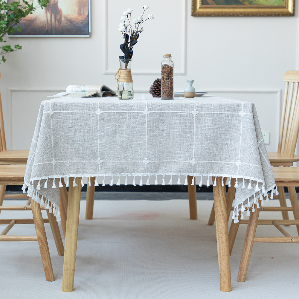 T0490 modern simple cotton and linen solid color checkered dustproof tablecloth rectangular tassel coffee table dining table hotel tablecloth table ma