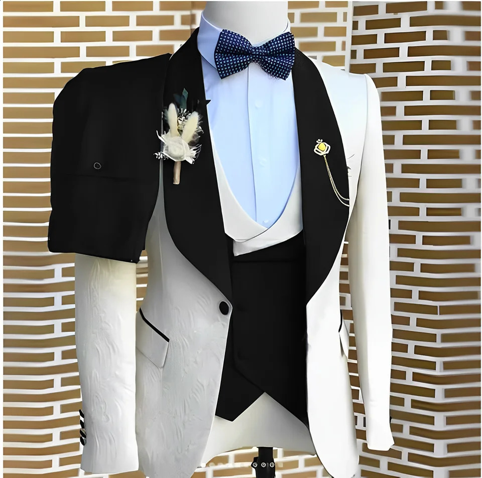 Elegant WhiteJacquard Suits Men For Wedding Formal Jacket Vest Pants 3 Pieces Groomsman Tuxedos Tailored Male Fashion Clothing 250529