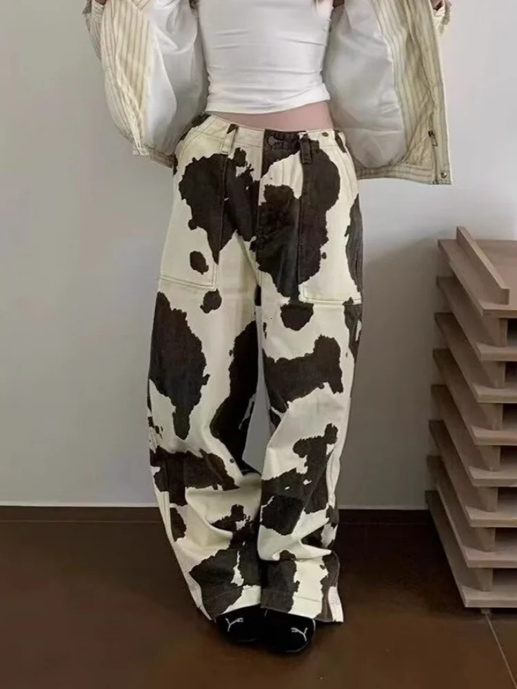 Ropa Y2K Fashion Cow Pattern Baggy Jeans Pants For Women ner Clothes Straight Cotton Korean Casual Lady Trousers 250530