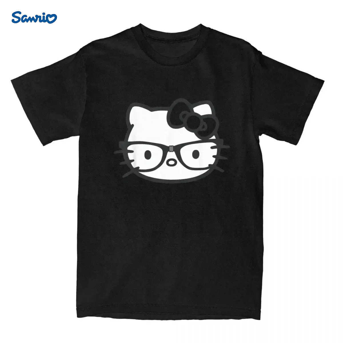 Hello Kitty Black And White Nerd Glasses T Shirts Men Womens Pure Cotton Male T-Shirt Crewneck Tees Short Sleeve Casual Topsw250530