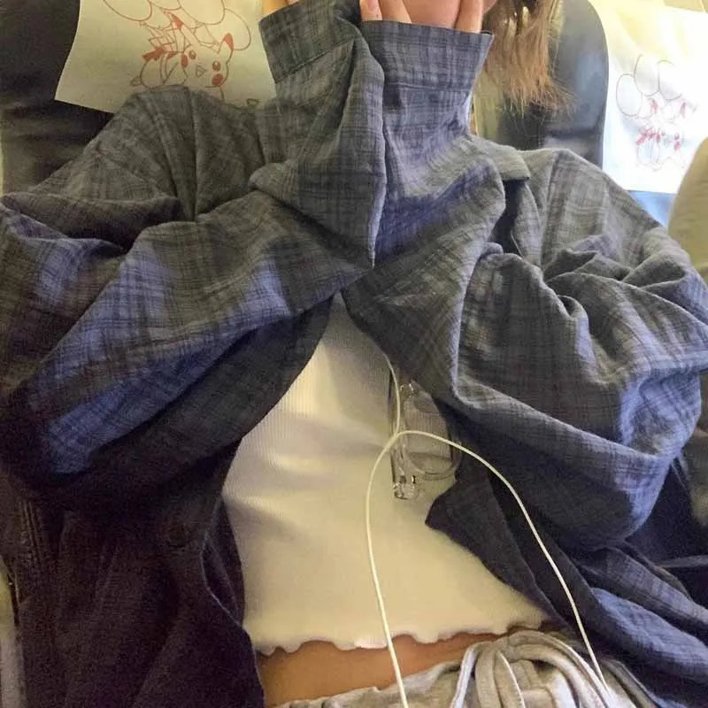 Retro Plaid Shirts For Women Spring Korean Womens Long Sleeve Loose Shirt Female Street Casual Oversized Button Top 250527