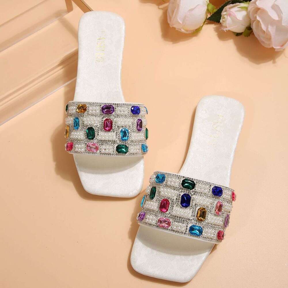 Designer Sandals Large Colorful Gemstone One Word Casual Flat Slippers Summer 2025 Outdoor Fashion Beach Slippers Female Designer Sandals