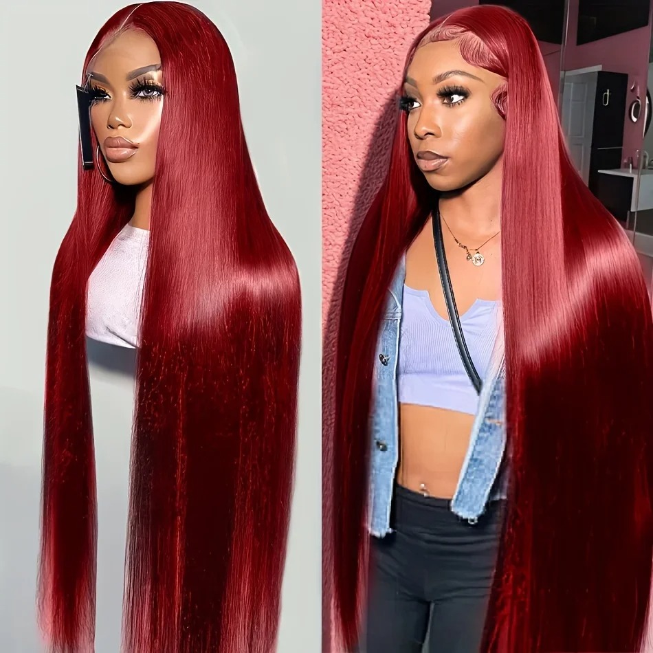 Straight Burgundy Red 13x4 Lace Frontal Wigs Human Hair Red 99J Colored Pre Plucked Wig Transparent Lace Front Human Hair Synthetic Wigs