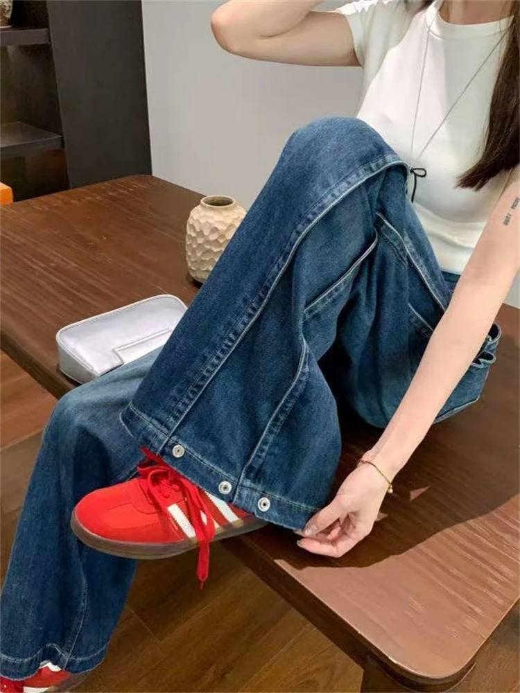 Womens Button n High Waisted Summer Blue Jeans Street Style Wide Legs Trousers Cool Girl Casual Bottoms Female Denim Pants 250530