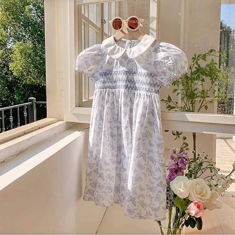 Baby Girls Princess Dresses New Summer Clothes Cotton Puff Sleeve Blue Butterfly Print Toddlers Vacation Kids Cotton Cute Dress R250530