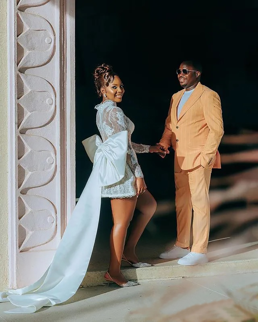 2025 Short African Wedding Dress Bridal Gowns For Bride Illusion Long Sleeves High Neck Beaded Lace Pearls Plated Wedding Gowns For Black Women Marria