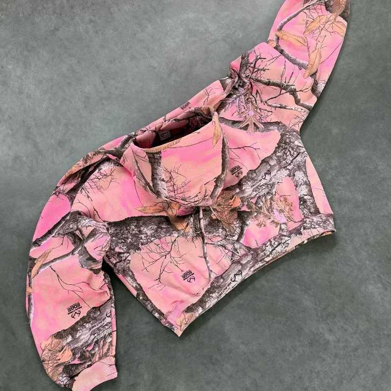 Y2K Retro Zip Up Hoodie Pink Branch Camo Print Pattern Sweatshirt Streetwear Harajuku Trendy Casual Camouflage Unisex Boxy Coat W250530