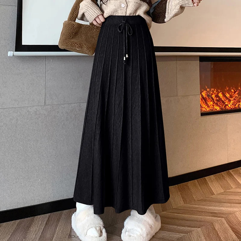 Rimocy Vintage Knitted Long Skirts for Women Winter High Waist Sweater Pleated Skirt Woman Solid Color All Match A Line Skirts 250527