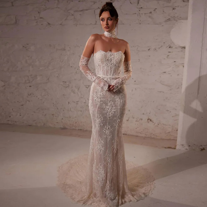 Stunning Mermaid Wedding Dresses 2025 Strapless Lace Appliqued Bridal Gowns Plus Size Saudi Arabic Dubai Bride Dress