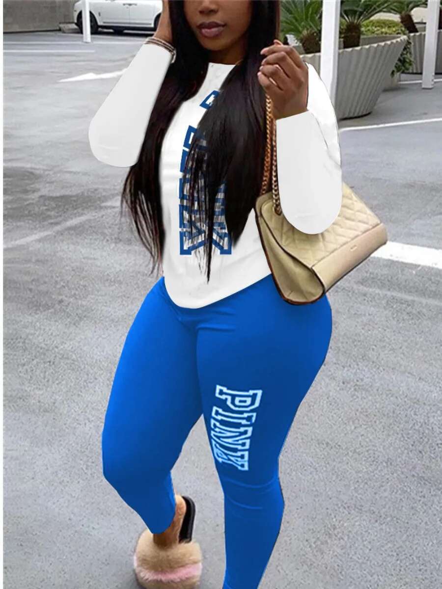 Fashion Women Autumn Winter Pink Letter Print Long Sleeve Hoodies 2 Pieces Casual Track Suits Pants Set