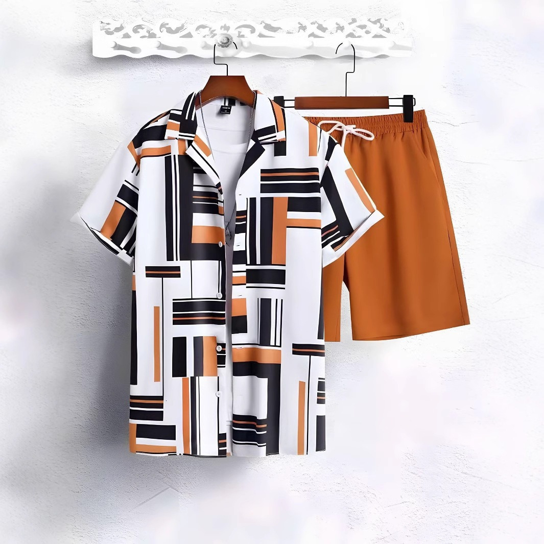 2025 Summer TEMU Short Sleeve Trendy 3D Printed Hawaiian Shirt and Shorts Set for Men 240807