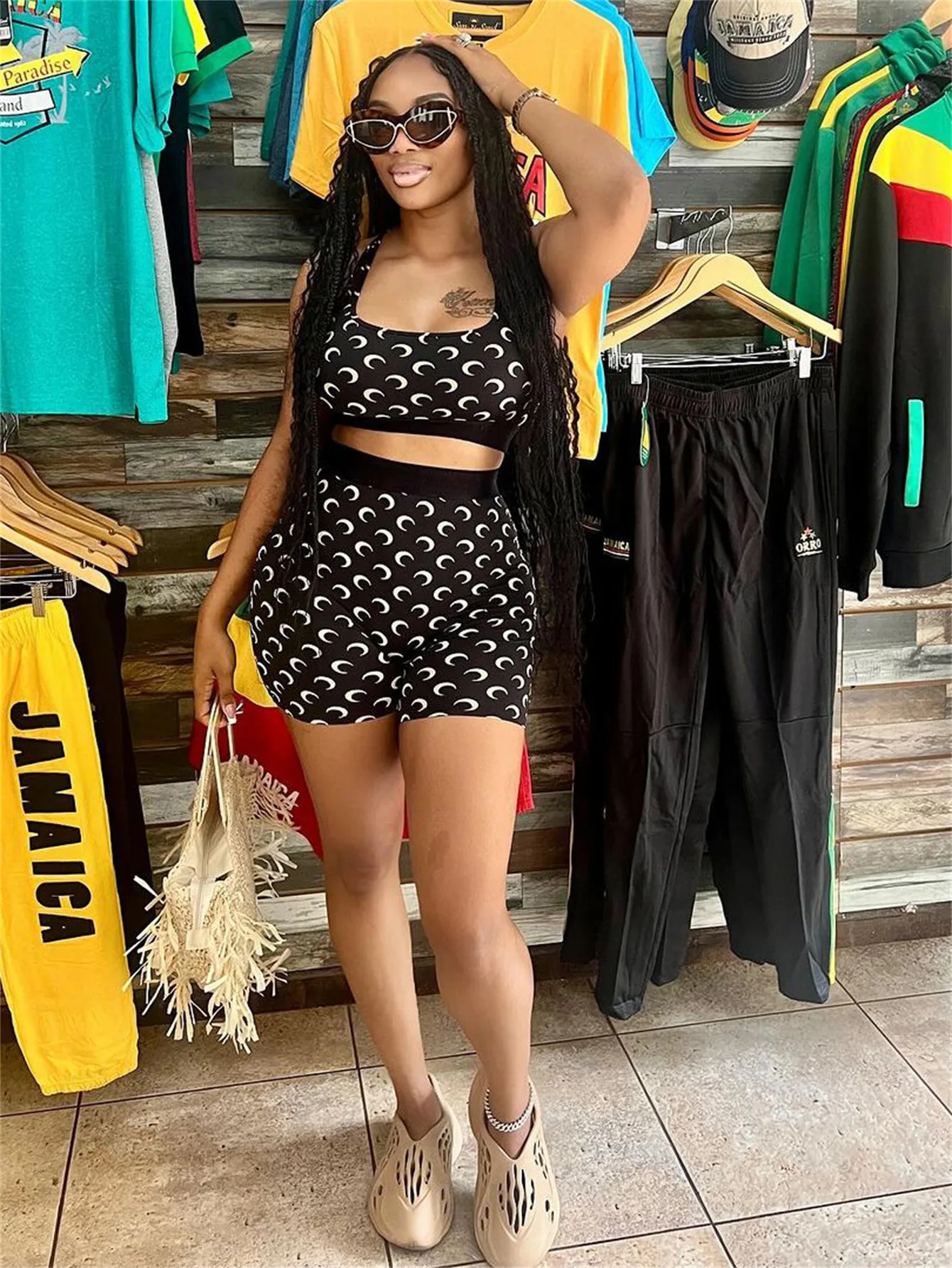 STYLISH LADY Moon Printed 2 Piece Set Women Sleeveless Crop Top and Shorts Suits Summer Sexy Club Party Fitness Outfits 250529