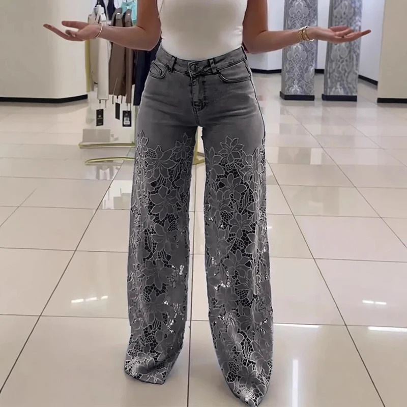 Y2K Elegant High Waist Womens Jeans Sexy Crochet Spliced Lace Hollow Out Flower Trousers Summer Streetwear Denim Pants Harajuku 250530