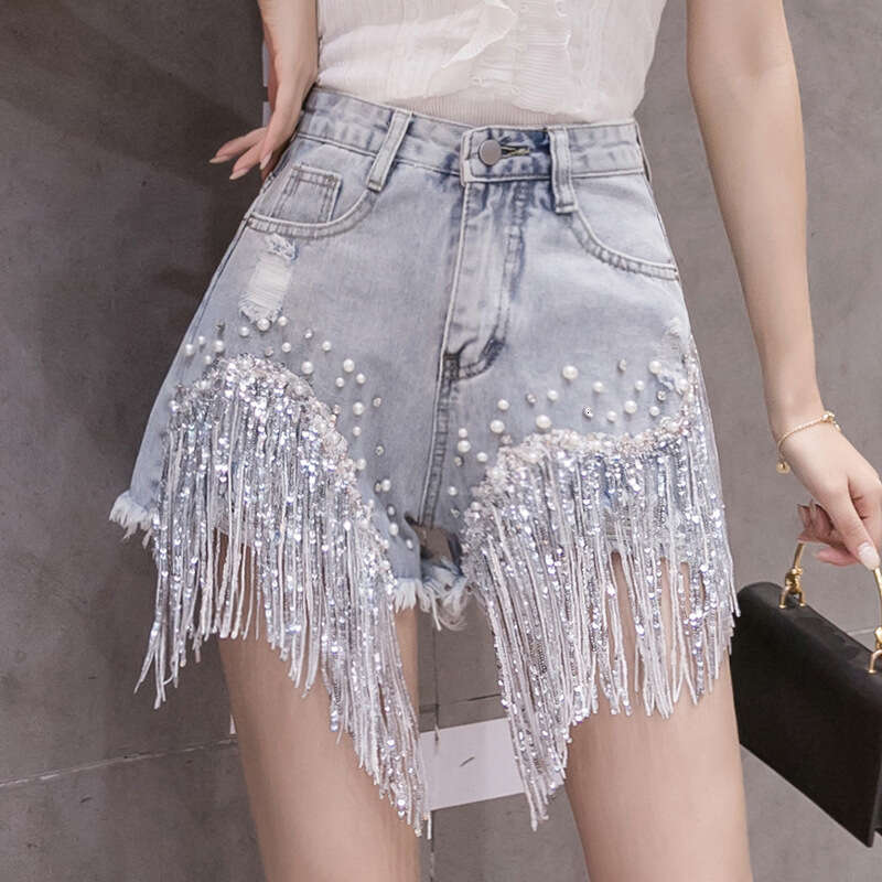 Shorts Women Denim Shorts Summer New Denim Shorts For Women Internet Celebrity Style High Waist Rhinestone Embellished Heavy Tassel Line Wide Leg Tren