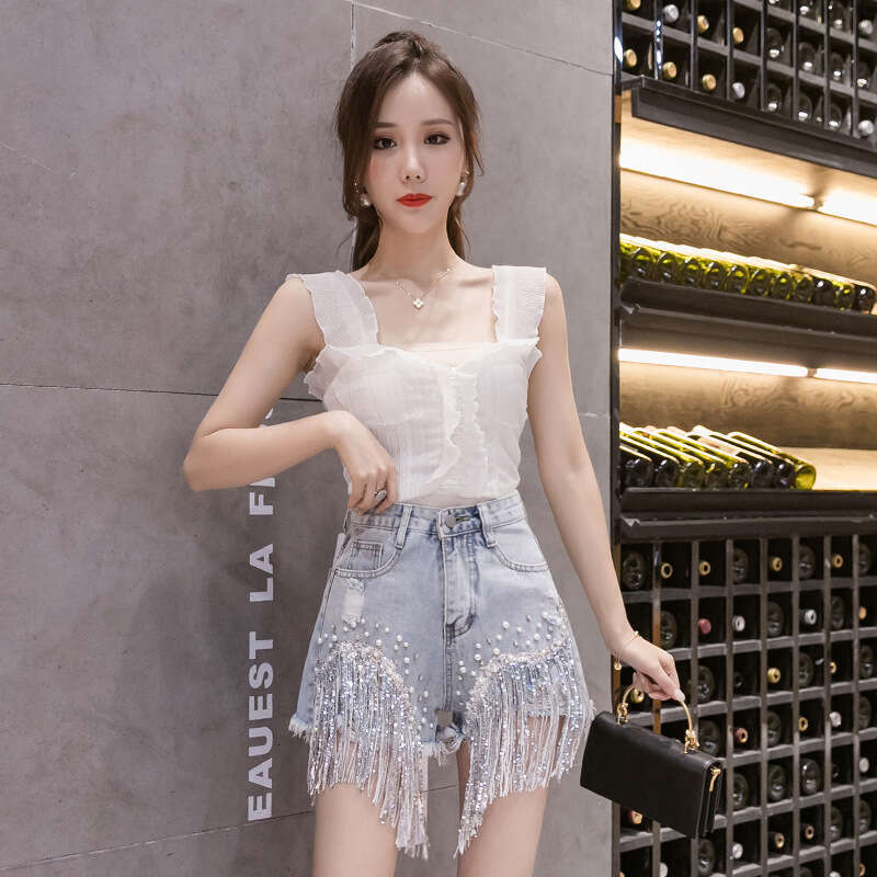 Shorts Women Denim Shorts Summer New Denim Shorts For Women Internet Celebrity Style High Waist Rhinestone Embellished Heavy Tassel Line Wide Leg Tren