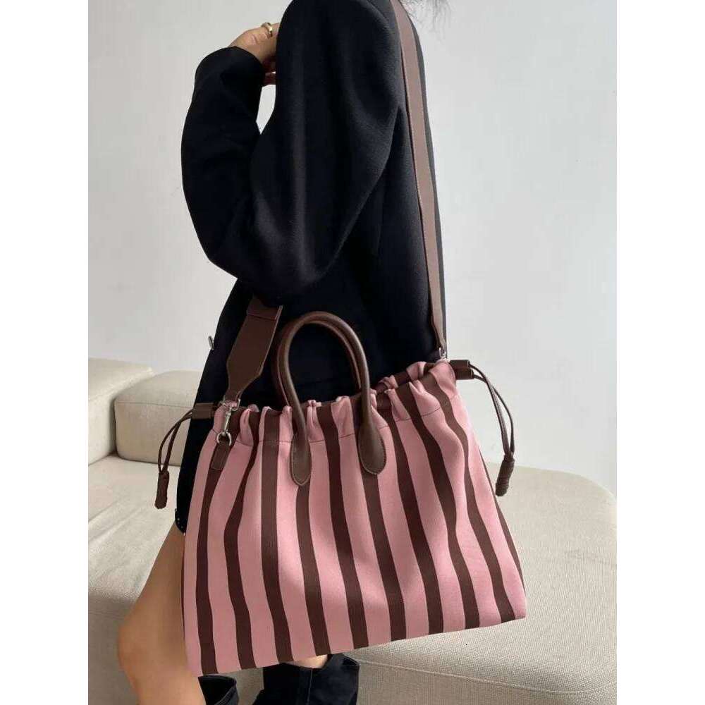 Summer Women Mixed Colors Striped Canvas Large Capacity Totes Handbag Wide Strap Crossbody Bag Casual Shopping Shoulder Bags