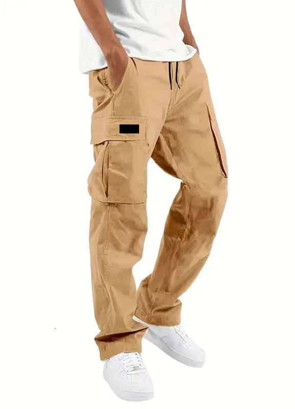 European style mens solid color drawstring waist straight leg casual belt with multiple pockets lightweight loose pants 250527
