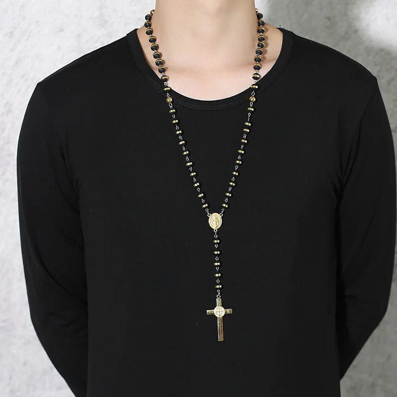 Vnox Black Gold Color Beads Long Rosary Necklace for Women Men Stainless Steel St Benedict Cross Pendant Sweater Chain Unisex 250530