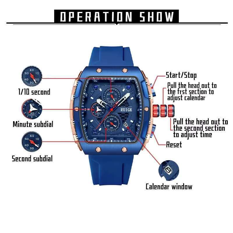 Rui Ge Black Multifunctional New Men's Famous Quartz Watch Waterproof Luminous Trendy