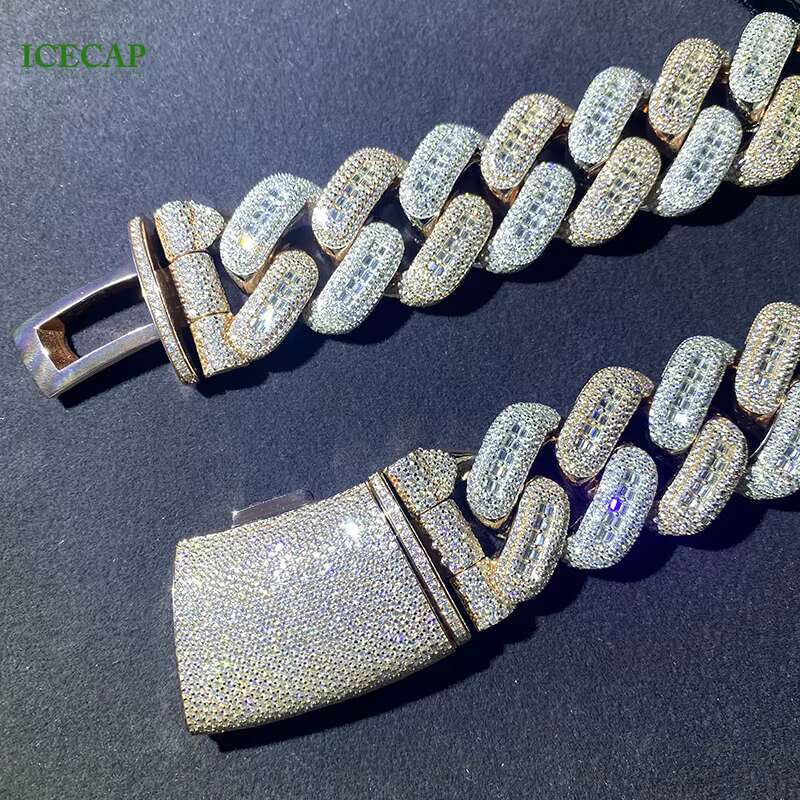 Iced Out Hiphop Men Sterling Silver 925 Jewellery VVS Moissanite Chain Baguette Diamonds Cuban Chain 26MM Two Tone Necklace