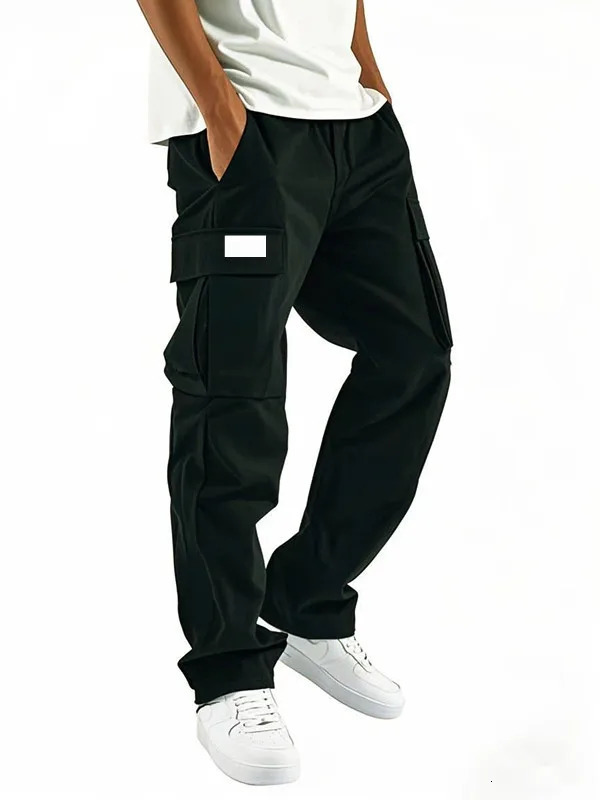 European style mens solid color drawstring waist straight leg casual belt with multiple pockets lightweight loose pants 250527