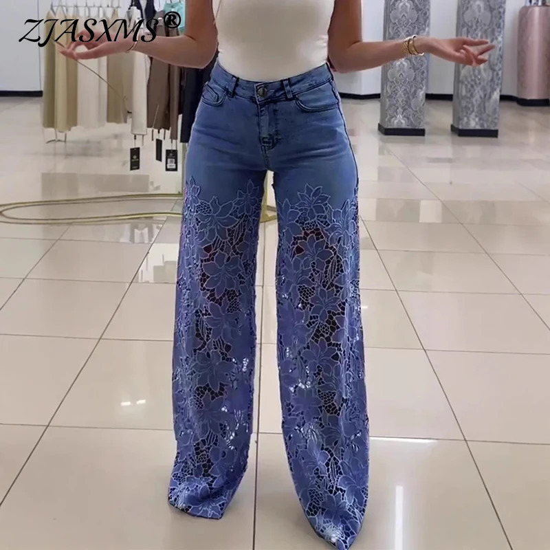Y2K Elegant High Waist Womens Jeans Sexy Crochet Spliced Lace Hollow Out Flower Trousers Summer Streetwear Denim Pants Harajuku 250530