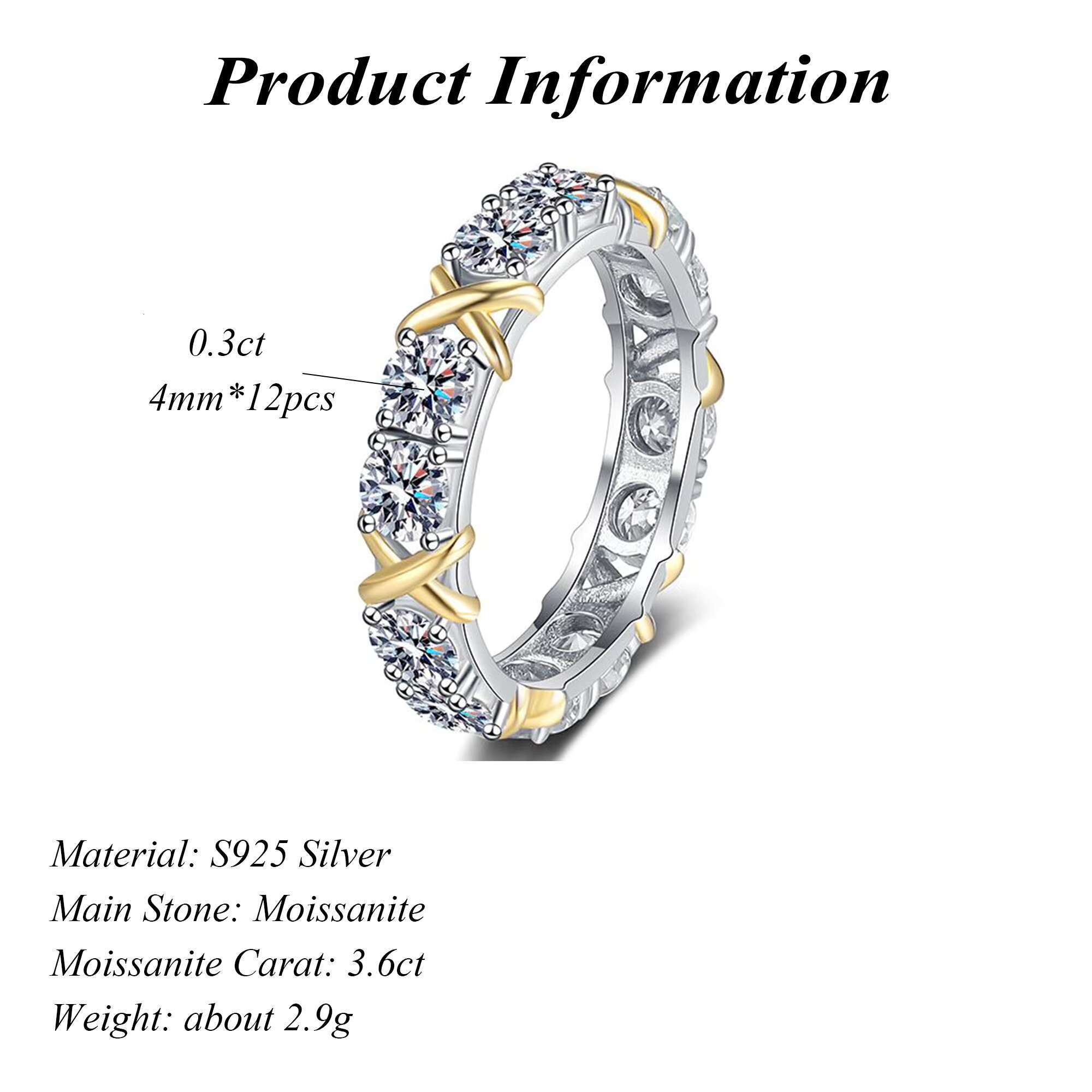 S925 Pure Silver Moissanite Ring Elegant Two-Tone Eternity Band Design Classic Cross Two-Color Row Proposal Weddings