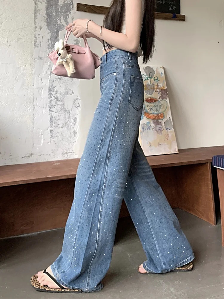 Y2K Fashion Fix Rhinestone Blue Baggy Jeans Pants For Women Clothing Wide Leg Lady Denim Trousers for Women 250530