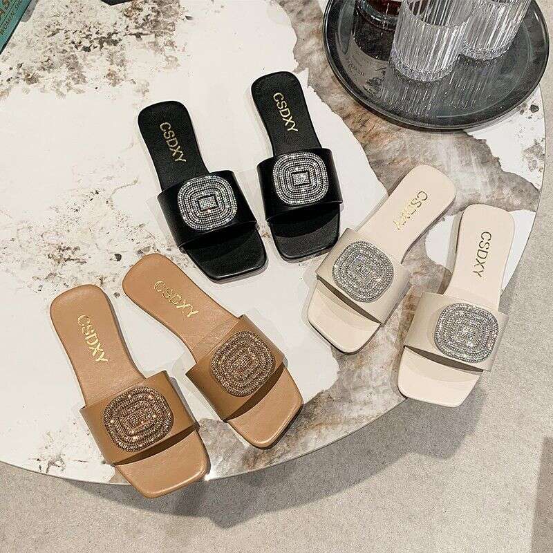 2025 Summer New Large Flat Flat Slippers For Women, Diamond Round Buckle, Open Toe, Square Head, Cool Dragging, Wholesale Designer Sandals, Free Shipp