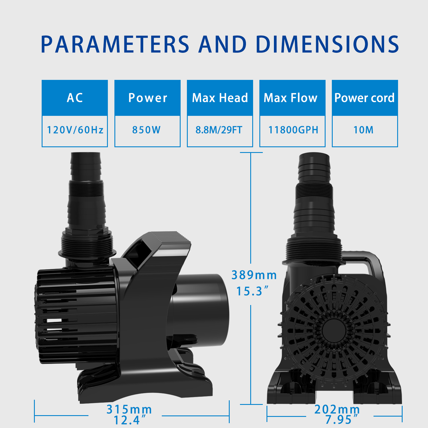 Extra-Large Outdoor Submersible Garden Pump with 11800 GPH Flow Rate for Patio/Koi Fish Ponds - Includes Long Power Cord
