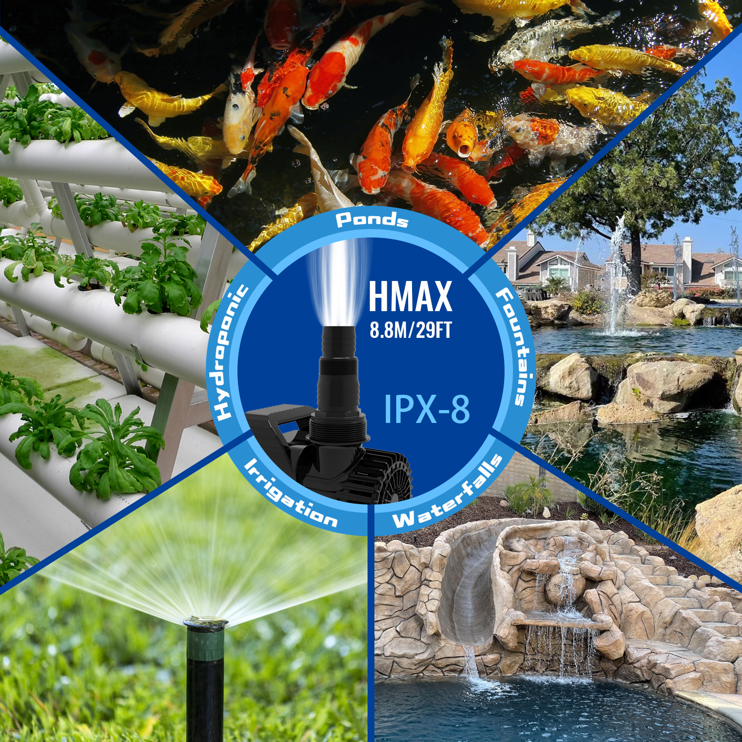 Extra-Large Outdoor Submersible Garden Pump with 11800 GPH Flow Rate for Patio/Koi Fish Ponds - Includes Long Power Cord