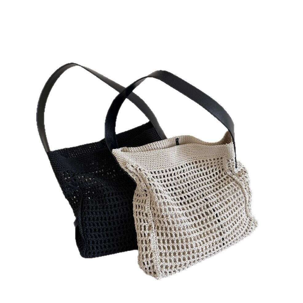 Tote Bag Leather Bag New Cotton Yarn Crochet Knitted Genuine Leather Simple Large Capacity Shoulder Handbag Beach Vacation Hollow Out Bag Shoulder Bag