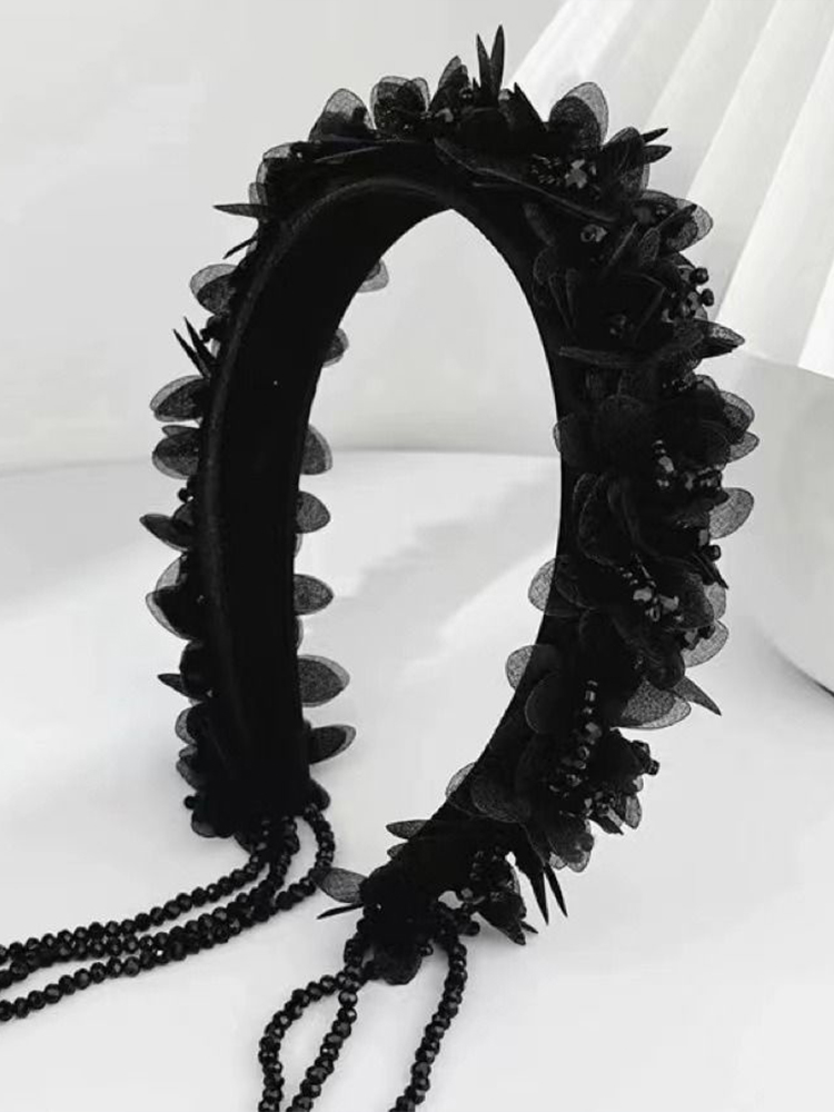 Black Lace High Crown Headband with Crystal Tassels - Elegant Fashion Accessory